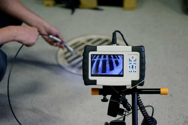 A plumber inspecting drain with sewer camera